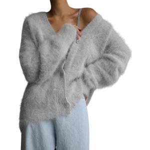 Arssm Womens Fuzzy Cardigan Sweater V Neck Cardigans Button Down Fluffy Knit Top Fashion 2026 Knitwear(Lightgrey)