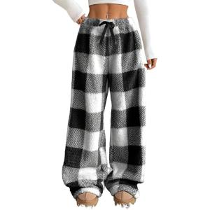 Arssm Women’s Fuzzy Pajama Pants Plush Elastic Waist Wide Leg Leopard Pants Pajama Bottoms Fluffy Pants(Plaid)
