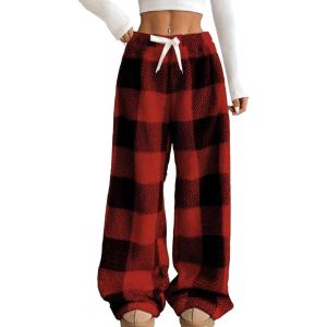 Arssm Women’s Fuzzy Pajama Pants Plush Elastic Waist Wide Leg Leopard Pants Pajama Bottoms Fluffy Pants(Red Plaid)