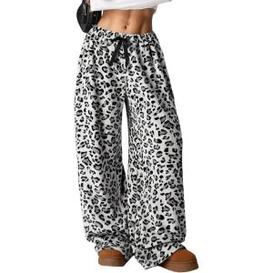 Arssm Women’s Fuzzy Pajama Pants Plush Elastic Waist Wide Leg Leopard Pants Pajama Bottoms Fluffy Pants(White)