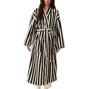 Arssm Womens Striped Fluffy Robe Long Plush Bathrobes Fuzzy Warm Cozy Thick Loungewear Maxi Robe(Black)