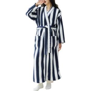 Arssm Womens Striped Fluffy Robe Long Plush Bathrobes Fuzzy Warm Cozy Thick Loungewear Maxi Robe(Blue)