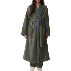 Arssm Womens Striped Fluffy Robe Long Plush Bathrobes Fuzzy Warm Cozy Thick Loungewear Maxi Robe(Green)