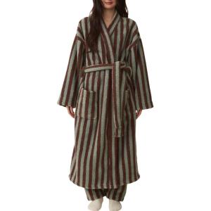 Arssm Womens Striped Fluffy Robe Long Plush Bathrobes Fuzzy Warm Cozy Thick Loungewear Maxi Robe(Khaki)