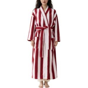 Arssm Womens Striped Fluffy Robe Long Plush Bathrobes Fuzzy Warm Cozy Thick Loungewear Maxi Robe(Red)
