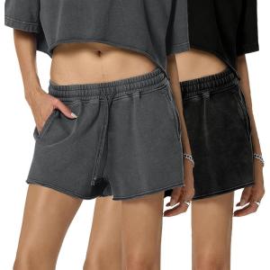 Arssm Womens Sweat Shorts Acid Wash Athletic Shorts Cotton Drawstring High Waist Workout Summer Shorts(Black+grey)