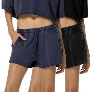 Arssm Womens Sweat Shorts Acid Wash Athletic Shorts Cotton Drawstring High Waist Workout Summer Shorts(Black+navy)