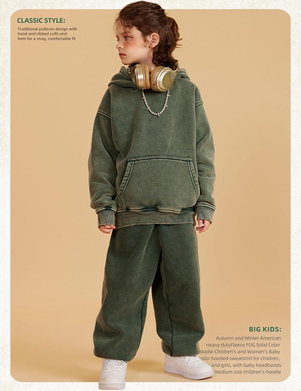 image:imageArssm Boys Girls Fleece Lined Hoodie Kids Warm Winter Cotton Acid Washed Vintage Pullover Hooded SweatshirtGreen