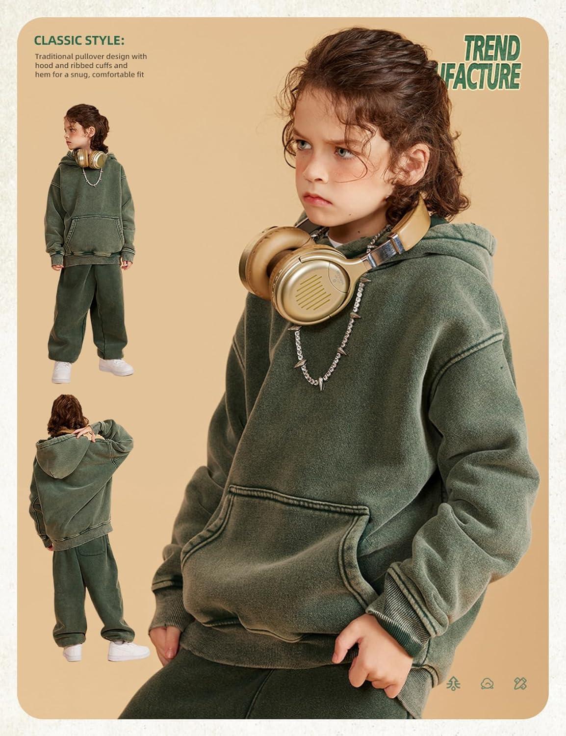 image:imageArssm Boys Girls Fleece Lined Hoodie Kids Warm Winter Cotton Acid Washed Vintage Pullover Hooded SweatshirtGreen