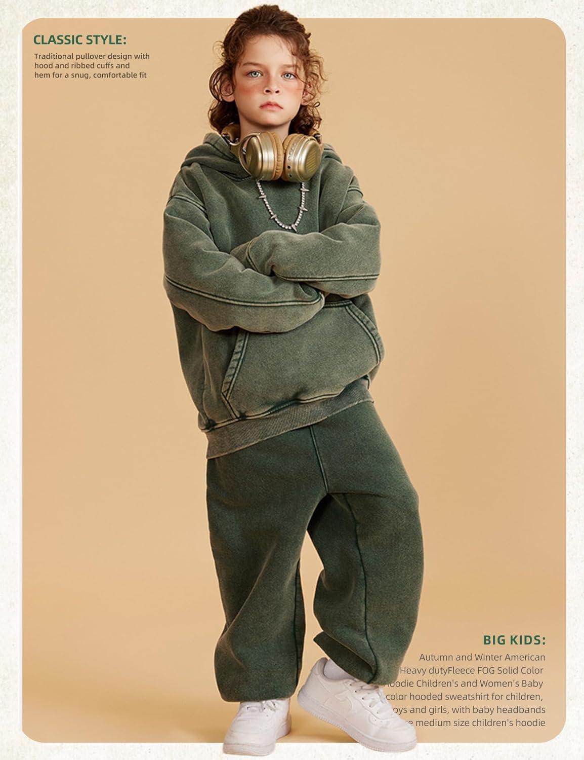 image:imageArssm Boys Girls Fleece Lined Hoodie Kids Warm Winter Cotton Acid Washed Vintage Pullover Hooded SweatshirtGreen
