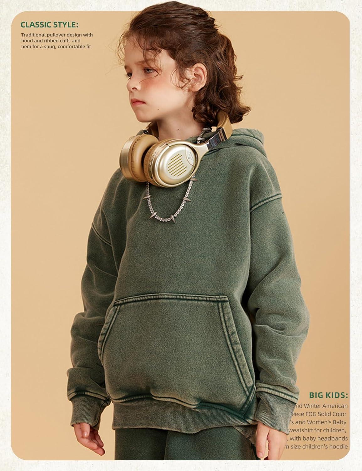 image:imageArssm Boys Girls Fleece Lined Hoodie Kids Warm Winter Cotton Acid Washed Vintage Pullover Hooded SweatshirtGreen