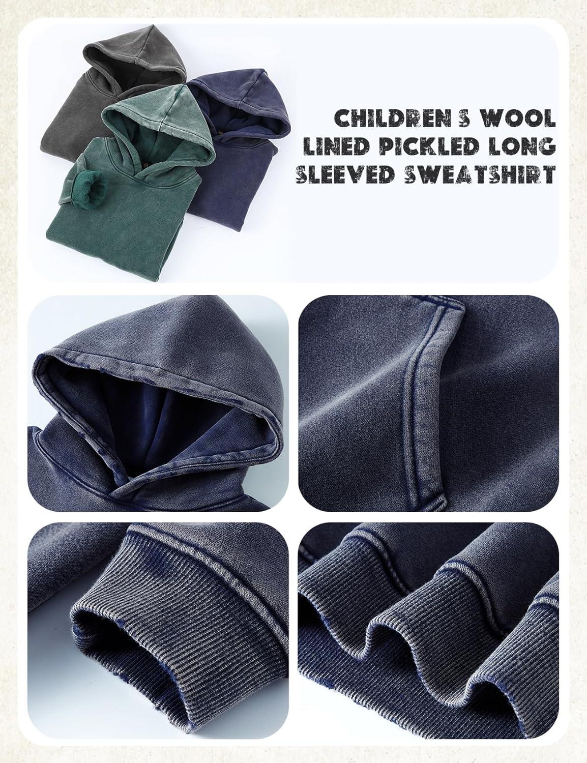 image:imageArssm Boys Girls Fleece Lined Hoodie Kids Warm Winter Cotton Acid Washed Vintage Pullover Hooded SweatshirtNavy