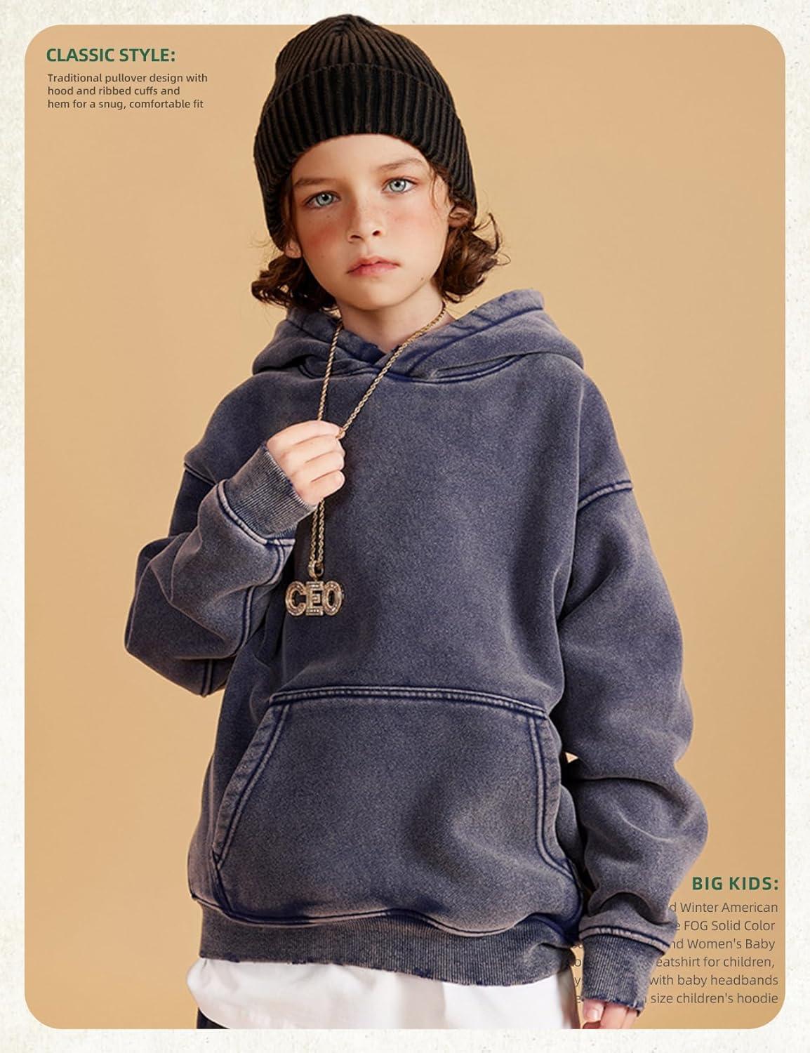 image:imageArssm Boys Girls Fleece Lined Hoodie Kids Warm Winter Cotton Acid Washed Vintage Pullover Hooded SweatshirtNavy