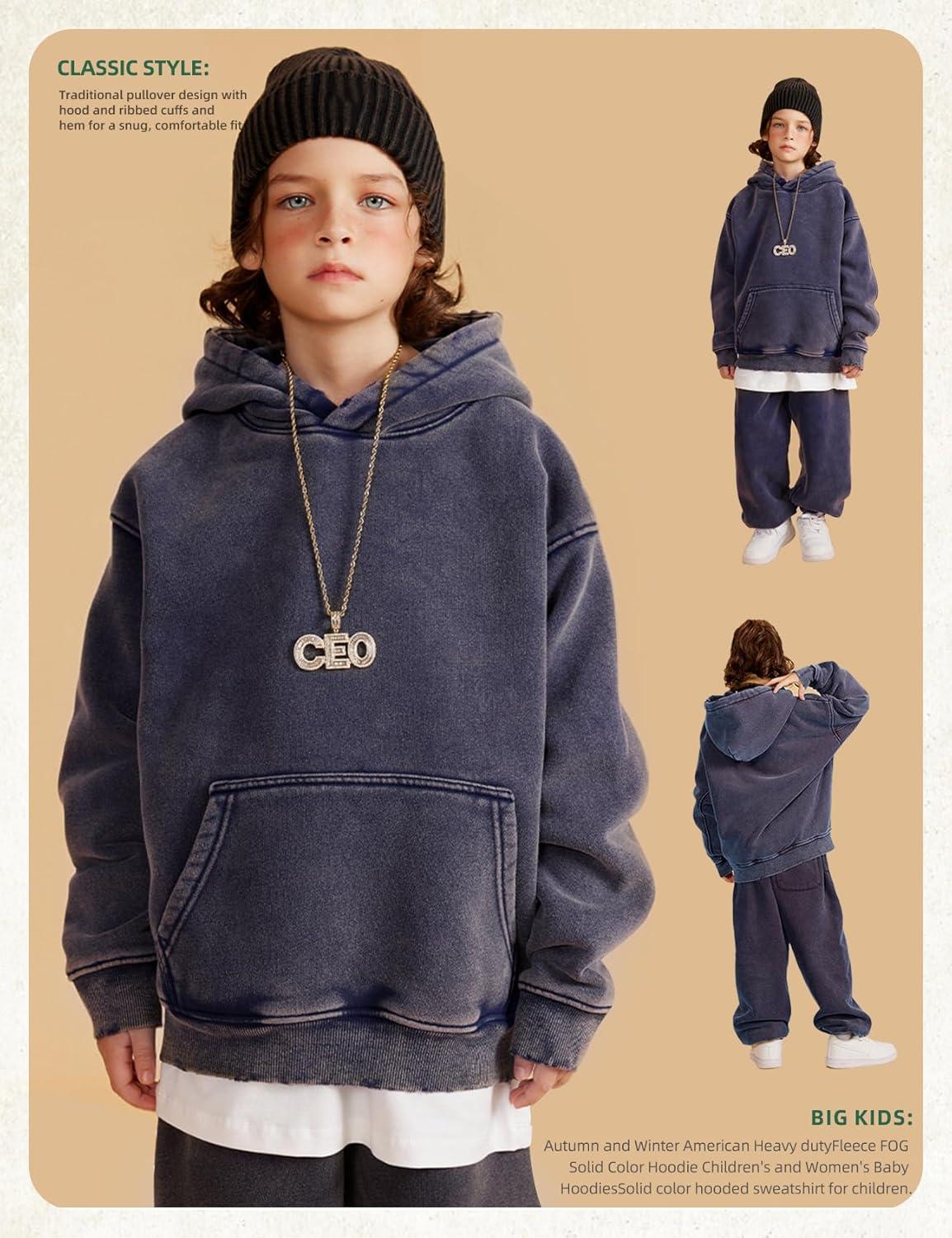 image:imageArssm Boys Girls Fleece Lined Hoodie Kids Warm Winter Cotton Acid Washed Vintage Pullover Hooded SweatshirtNavy