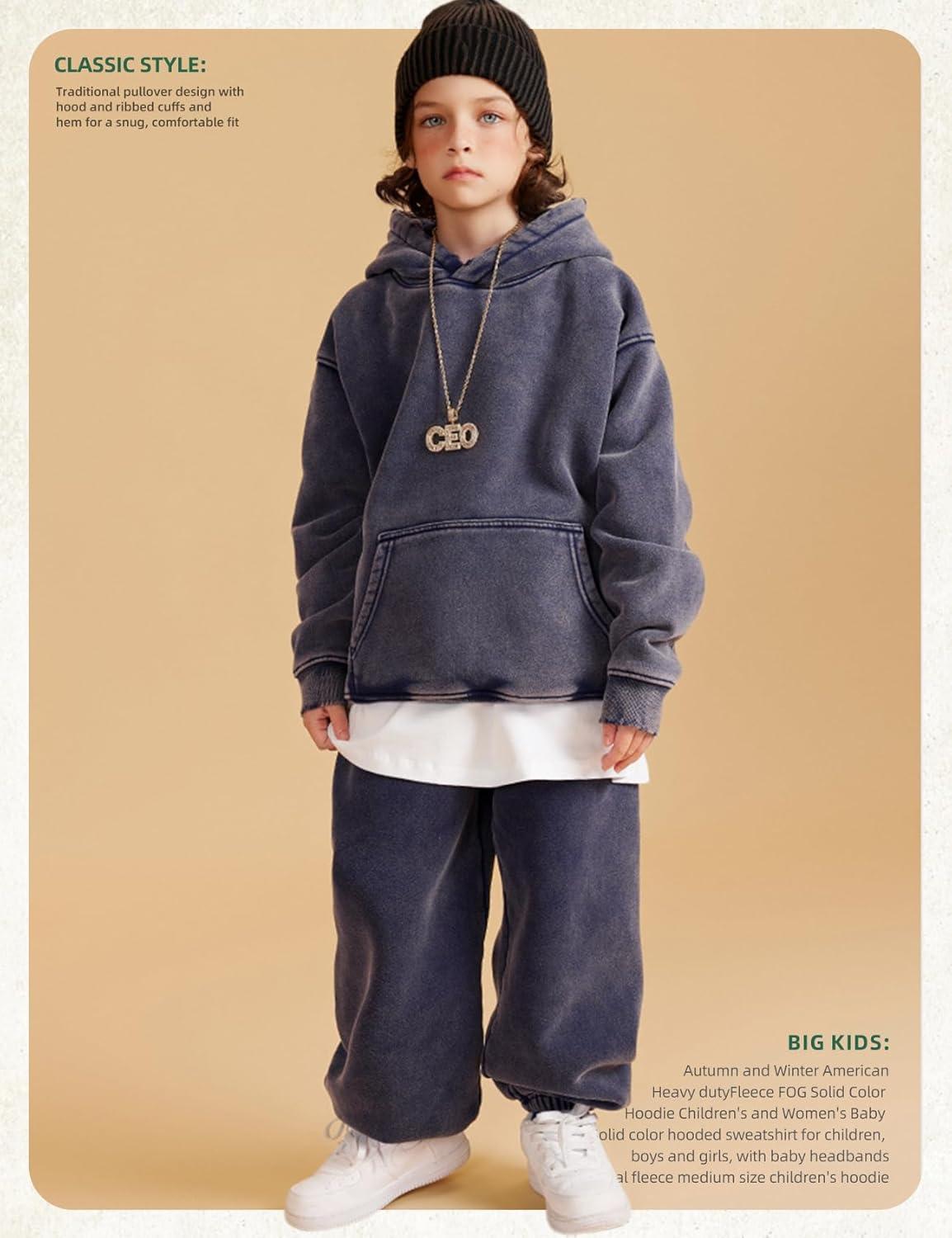 image:imageArssm Boys Girls Fleece Lined Hoodie Kids Warm Winter Cotton Acid Washed Vintage Pullover Hooded SweatshirtNavy