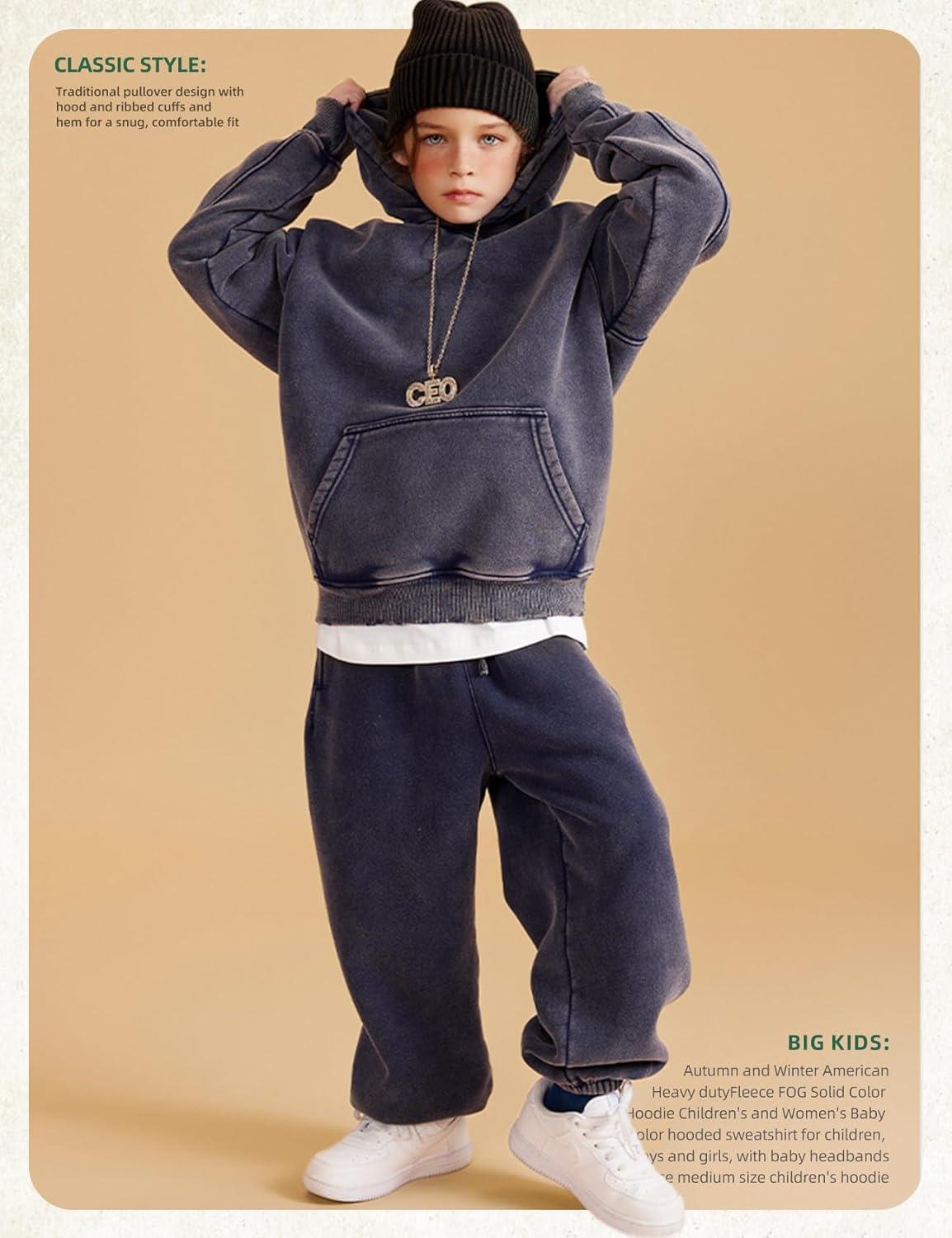 image:imageArssm Boys Girls Fleece Lined Hoodie Kids Warm Winter Cotton Acid Washed Vintage Pullover Hooded SweatshirtNavy