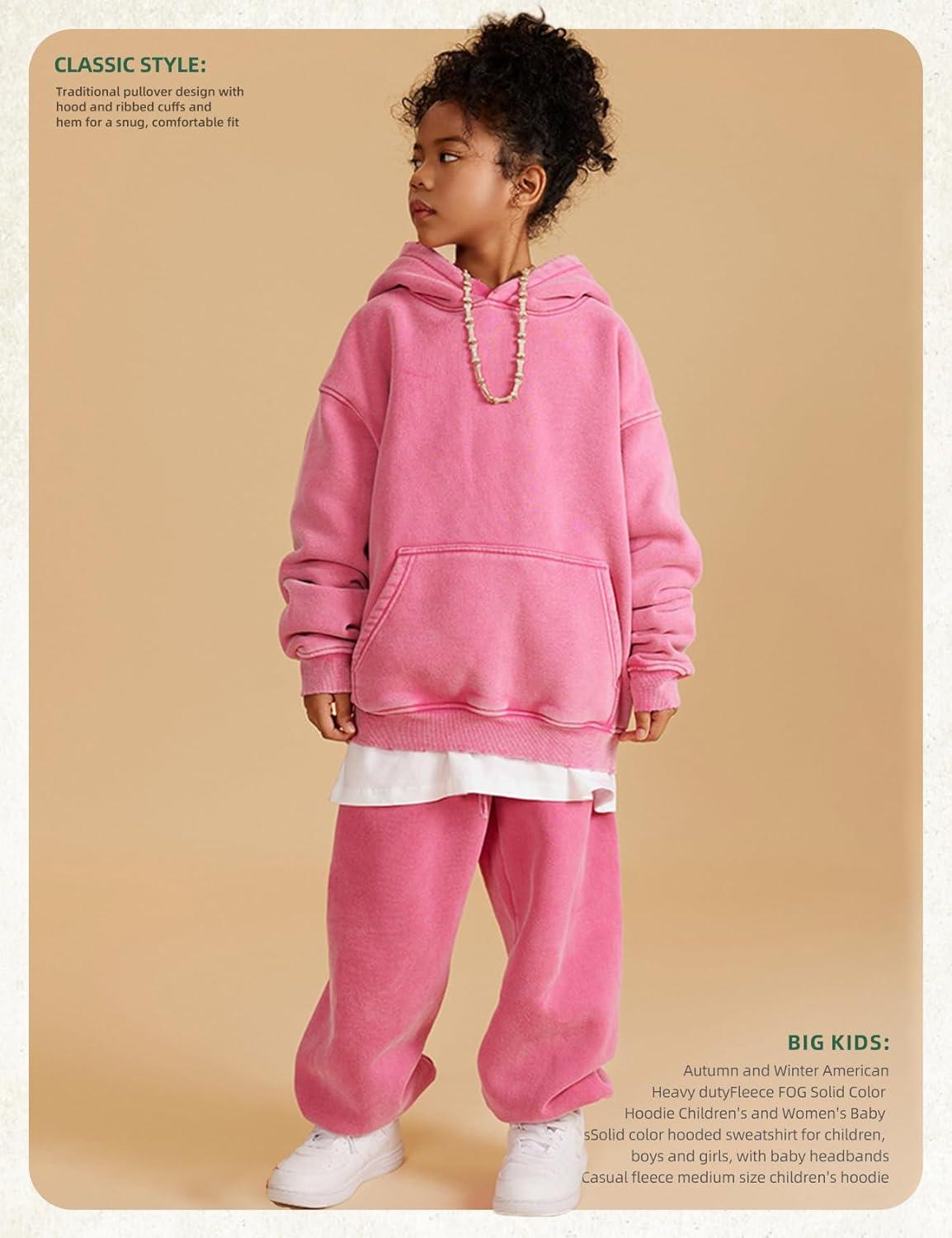 image:imageArssm Boys Girls Fleece Lined Hoodie Kids Warm Winter Cotton Acid Washed Vintage Pullover Hooded SweatshirtPink