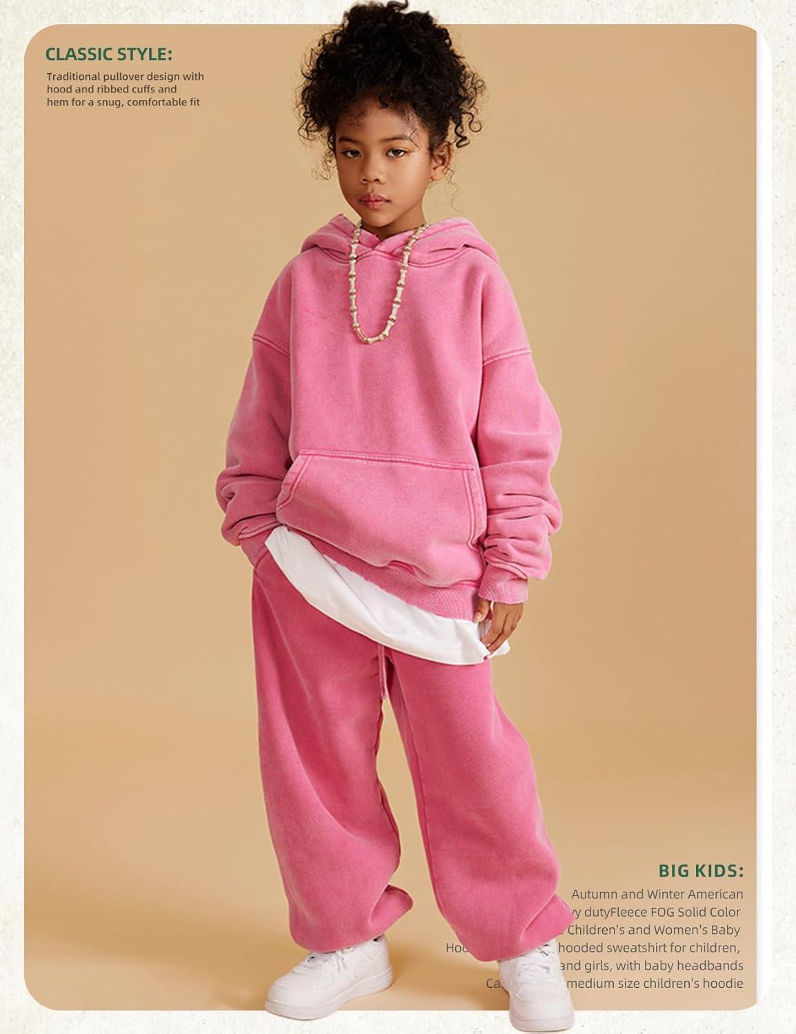 image:imageArssm Boys Girls Fleece Lined Hoodie Kids Warm Winter Cotton Acid Washed Vintage Pullover Hooded SweatshirtPink