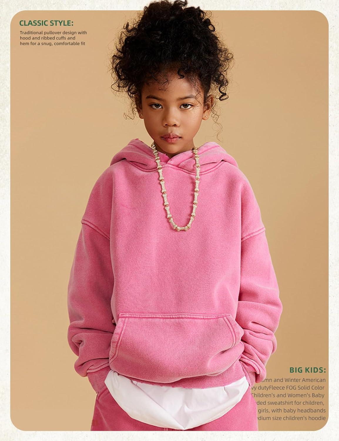 image:imageArssm Boys Girls Fleece Lined Hoodie Kids Warm Winter Cotton Acid Washed Vintage Pullover Hooded SweatshirtPink