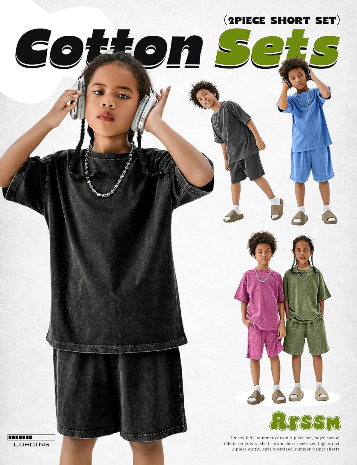 image:imageArssm Boys Short Sets 2 Piece Acid Wash Vintage Kids Athletic SetArmygreen