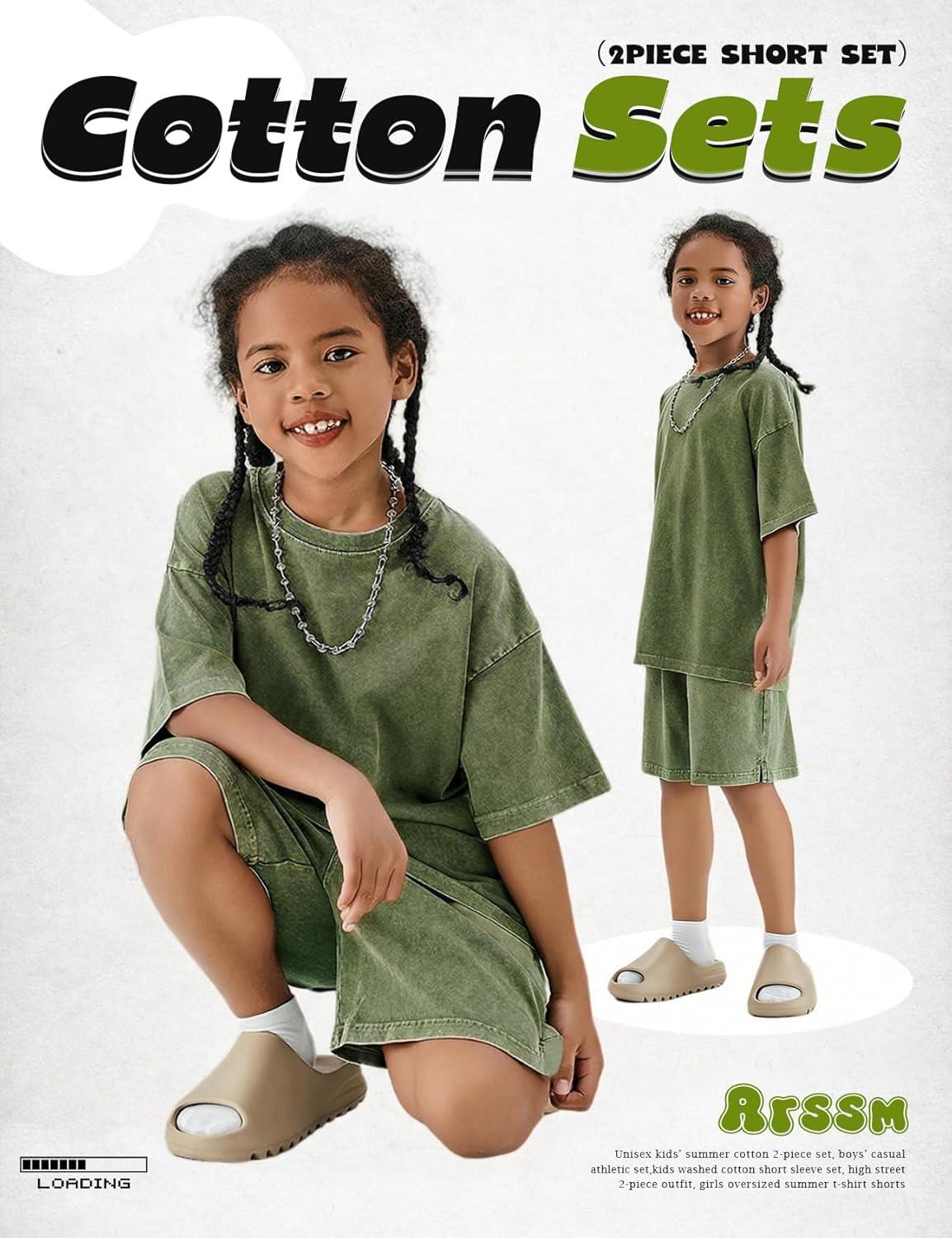image:imageArssm Boys Short Sets 2 Piece Acid Wash Vintage Kids Athletic SetArmygreen