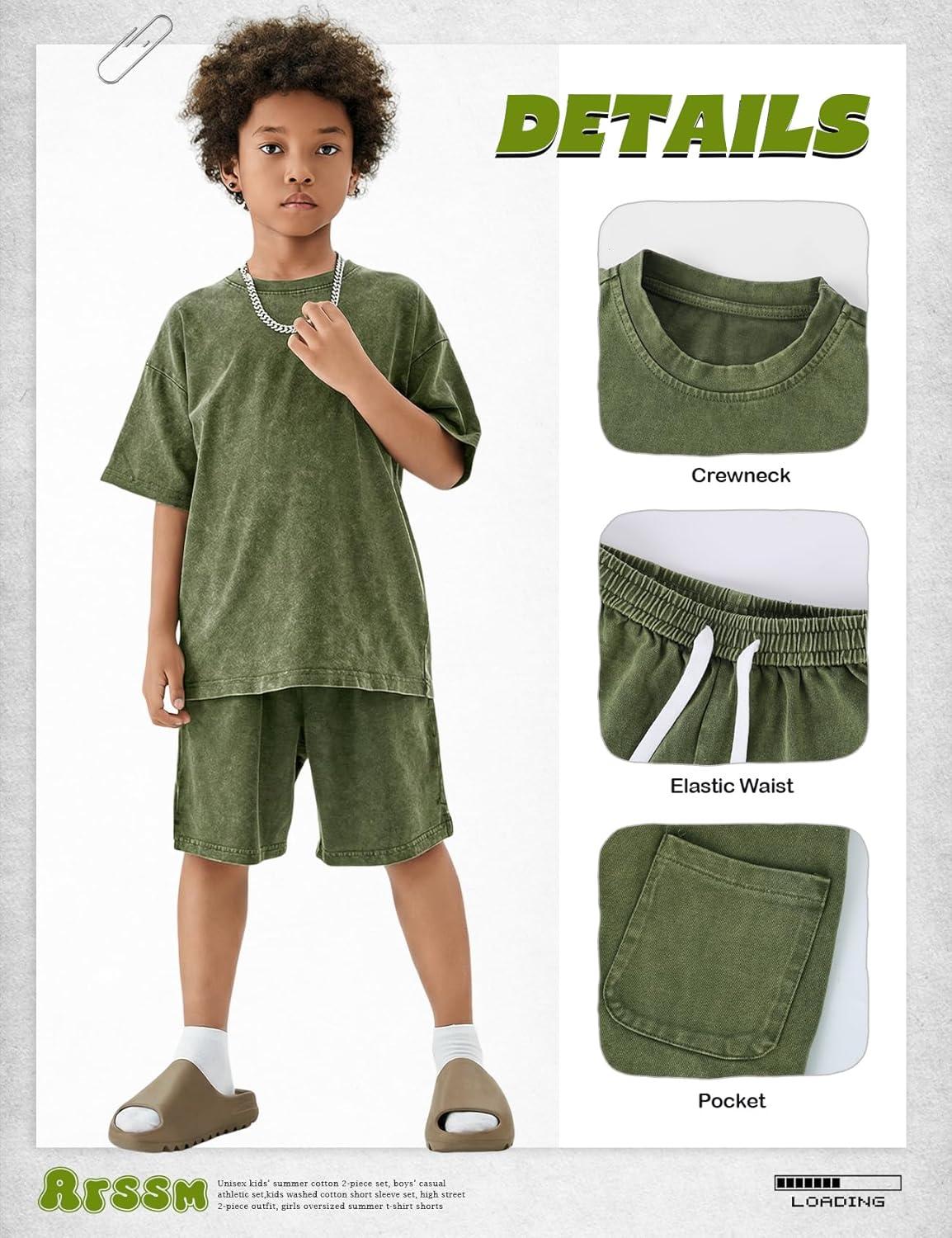 image:imageArssm Boys Short Sets 2 Piece Acid Wash Vintage Kids Athletic SetArmygreen
