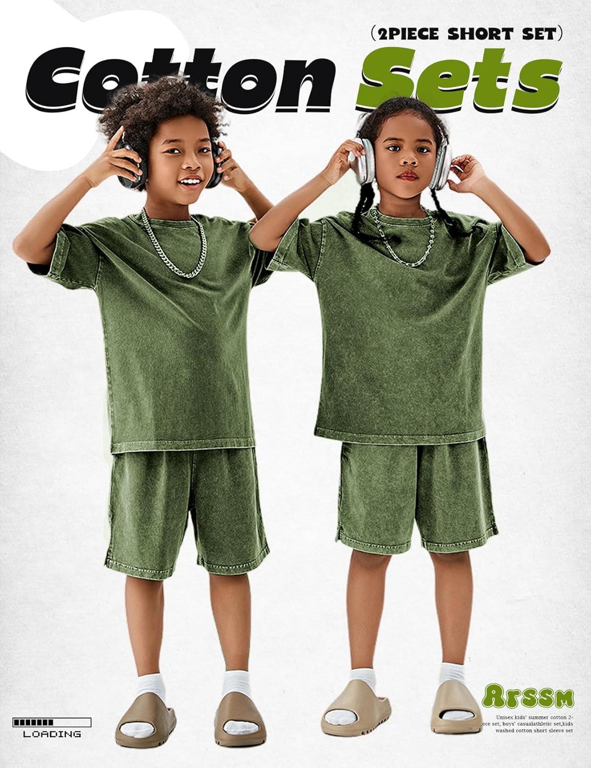 image:imageArssm Boys Short Sets 2 Piece Acid Wash Vintage Kids Athletic SetArmygreen