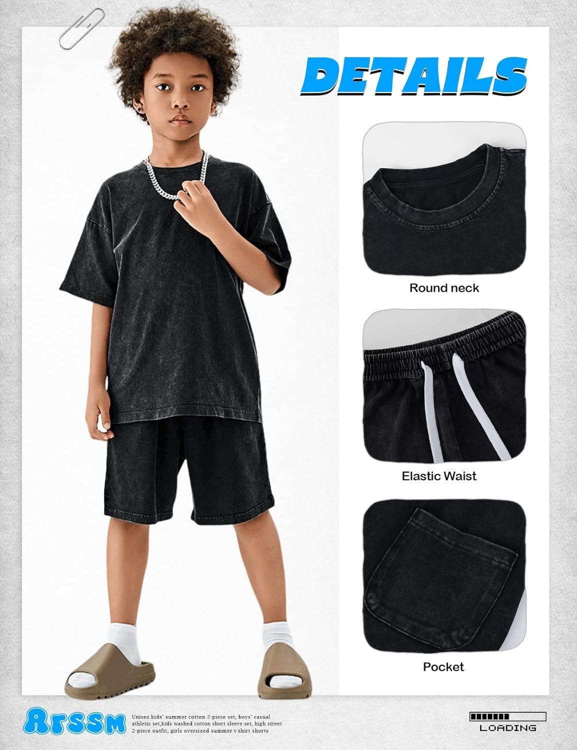 image:imageArssm Boys Short Sets 2 Piece Acid Wash Vintage Kids Athletic SetBlack