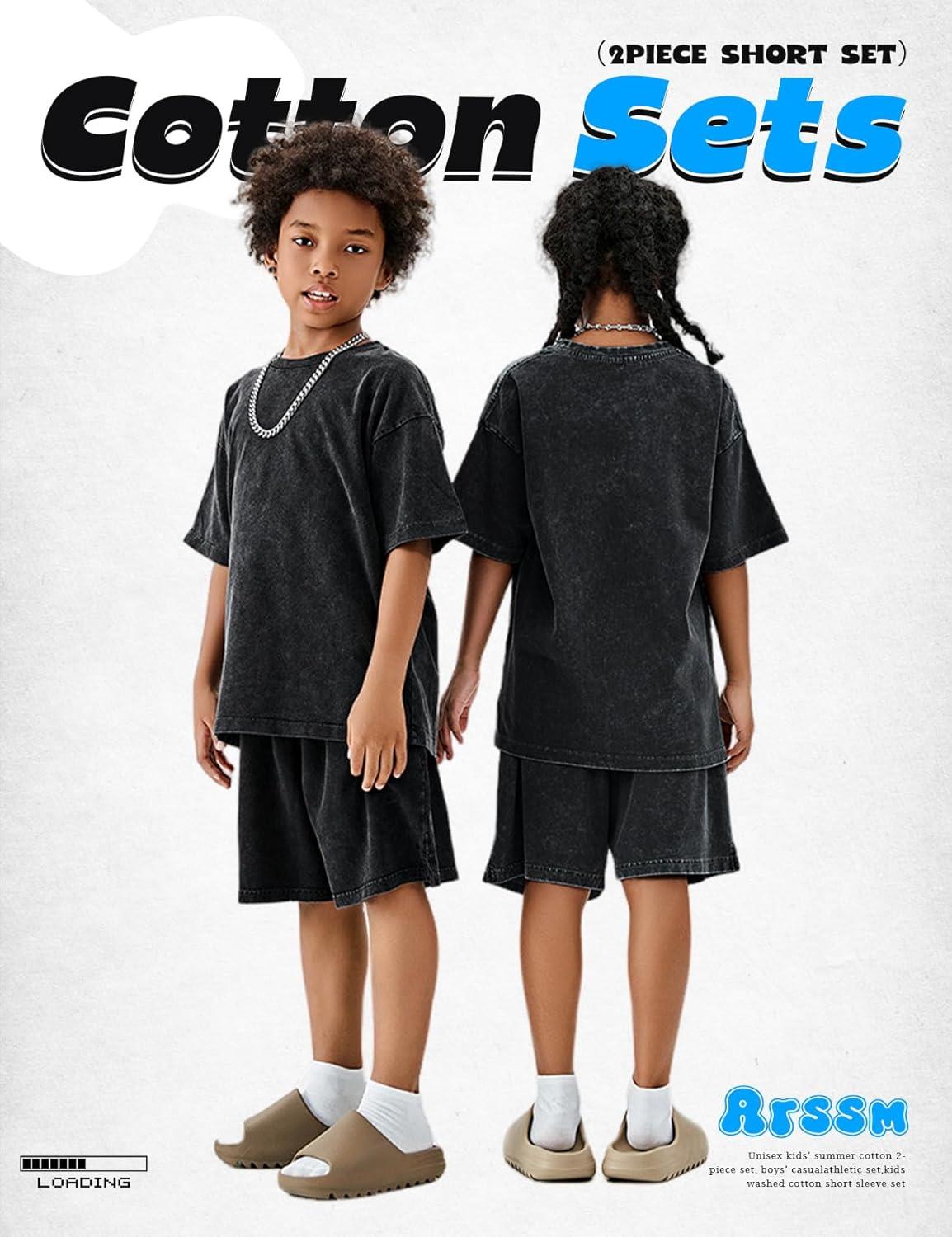 image:imageArssm Boys Short Sets 2 Piece Acid Wash Vintage Kids Athletic SetBlack