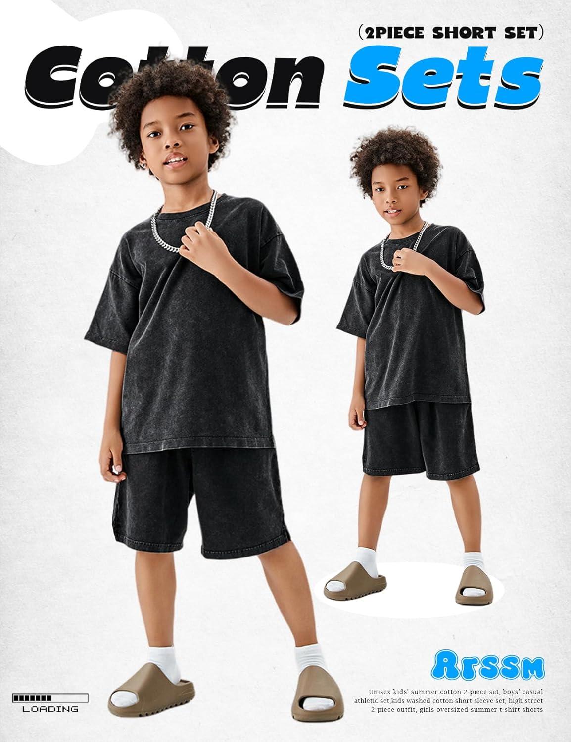 image:imageArssm Boys Short Sets 2 Piece Acid Wash Vintage Kids Athletic SetBlack