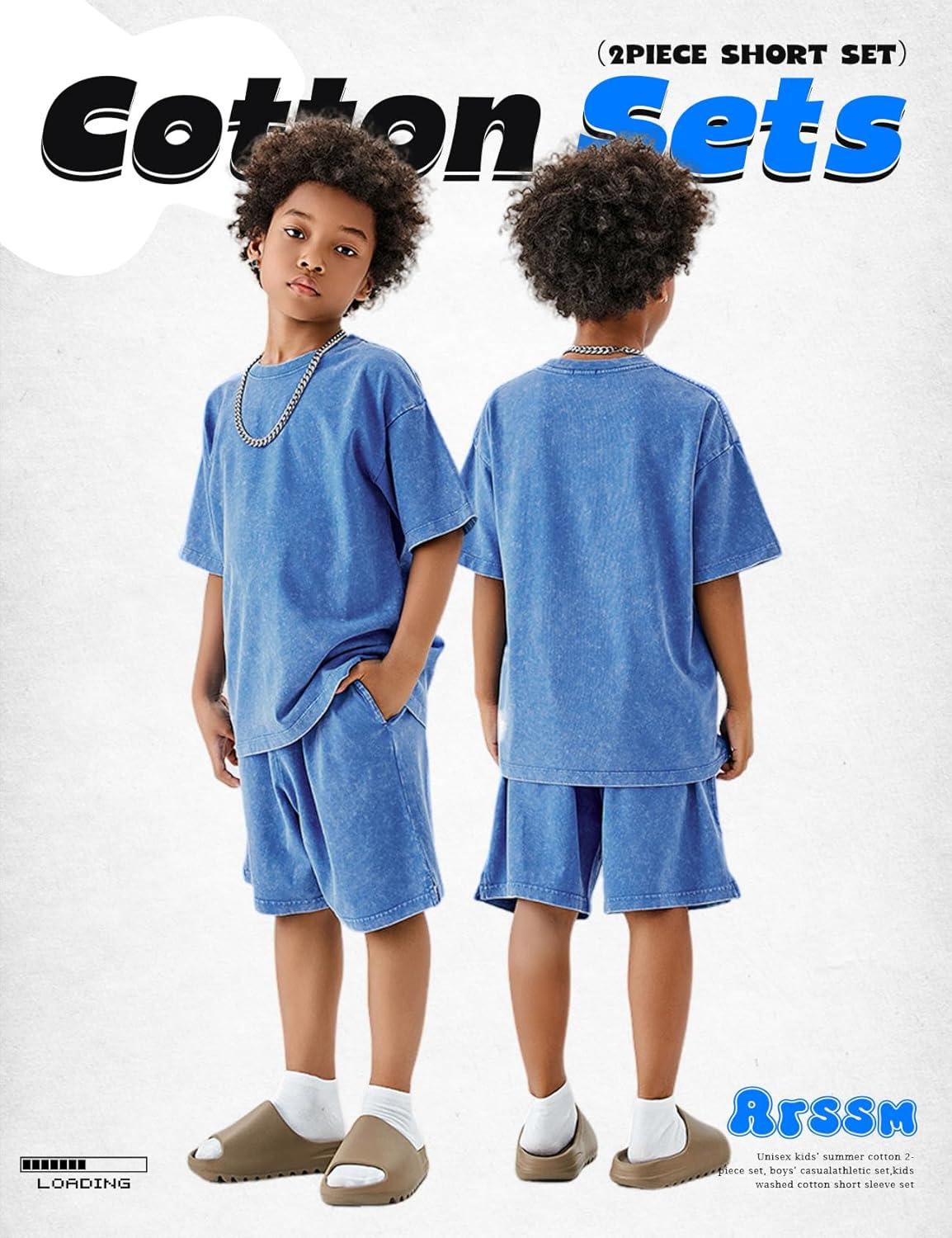 image:imageArssm Boys Short Sets 2 Piece Acid Wash Vintage Kids Athletic SetBlue