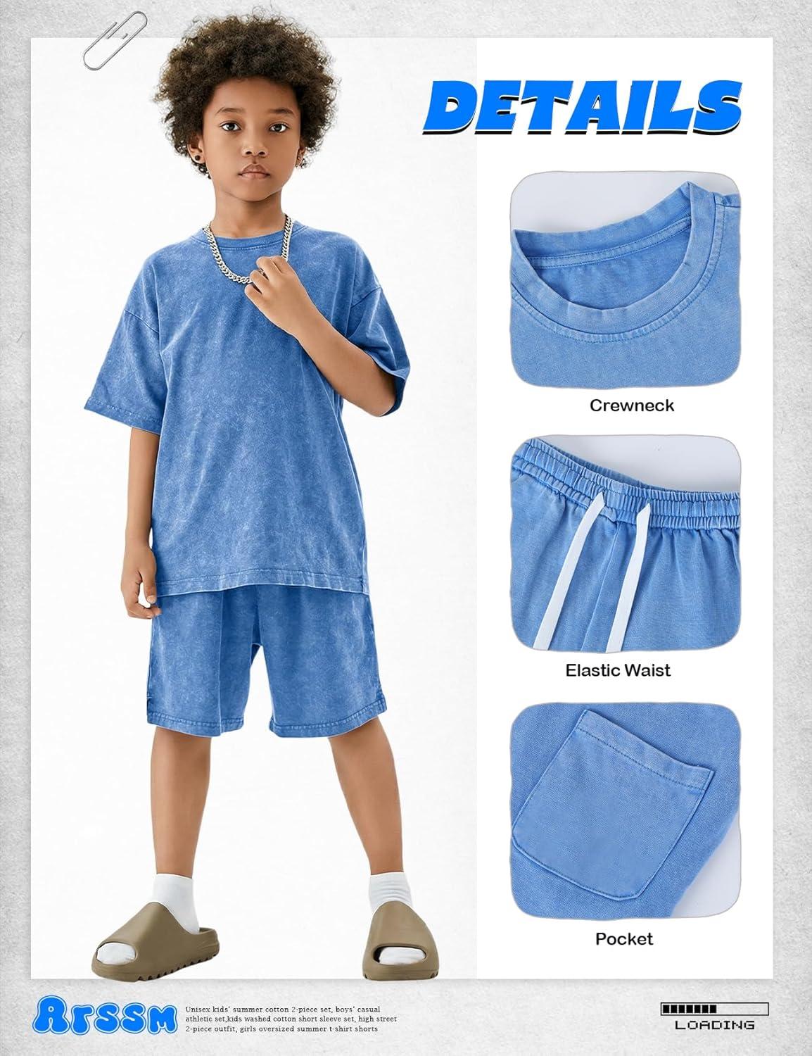 image:imageArssm Boys Short Sets 2 Piece Acid Wash Vintage Kids Athletic SetBlue