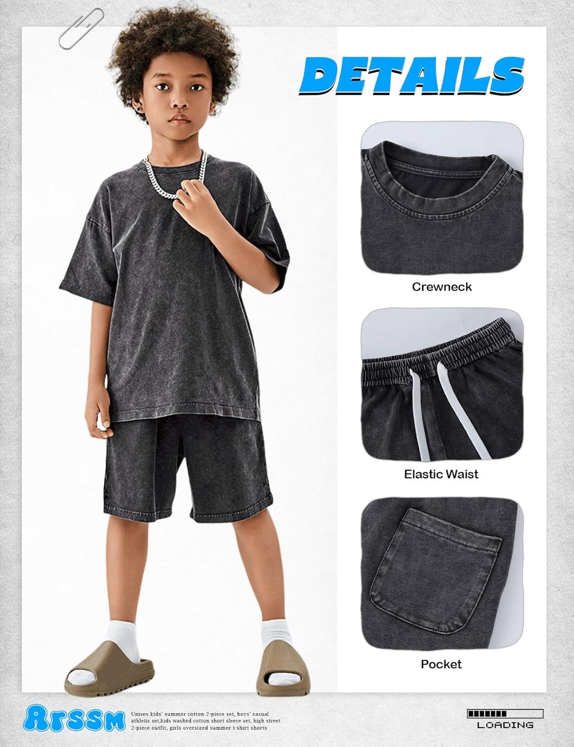 image:imageArssm Boys Short Sets 2 Piece Acid Wash Vintage Kids Athletic SetDarkgrey