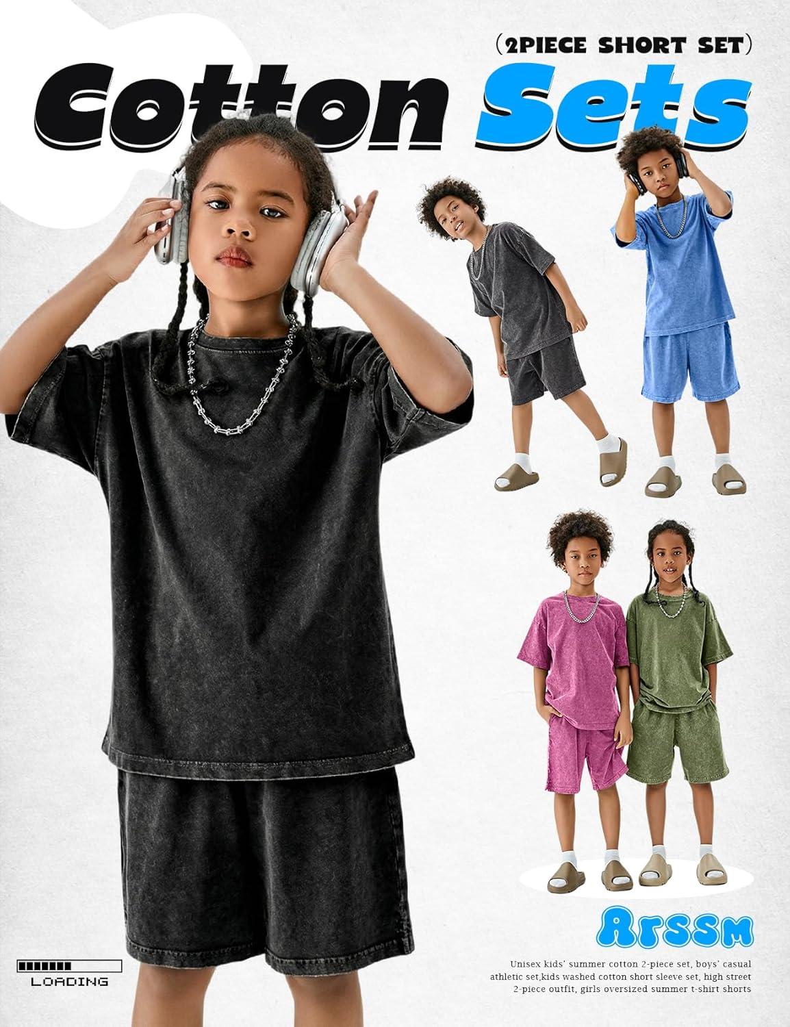 image:imageArssm Boys Short Sets 2 Piece Acid Wash Vintage Kids Athletic SetDarkgrey