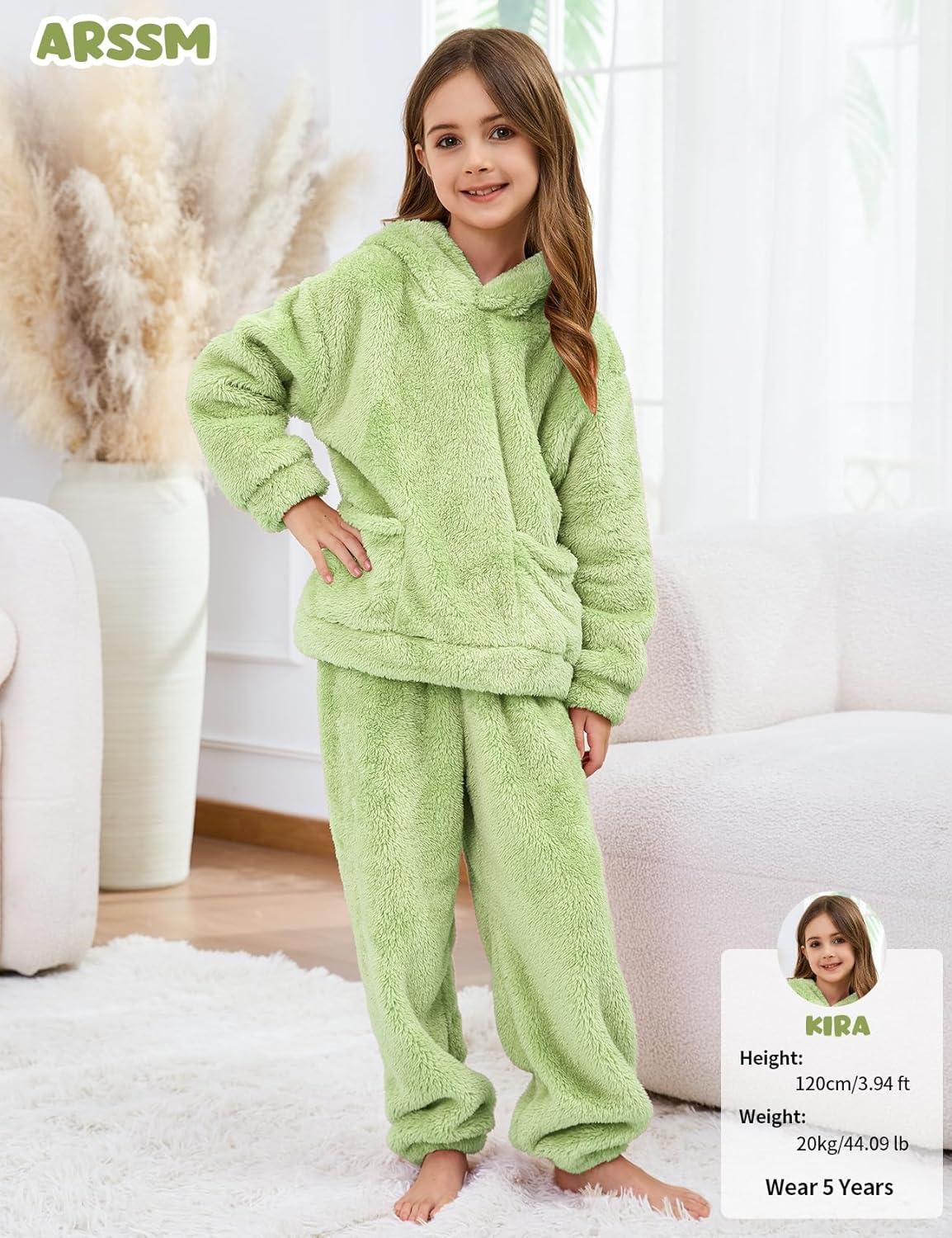 image:imageArssm Girl Pants Sets Two Pieces Outfit Kids Bear Ear Fuzzy Fluffy Hoodie Sweatshirt with Fleece SweatpantsGreen