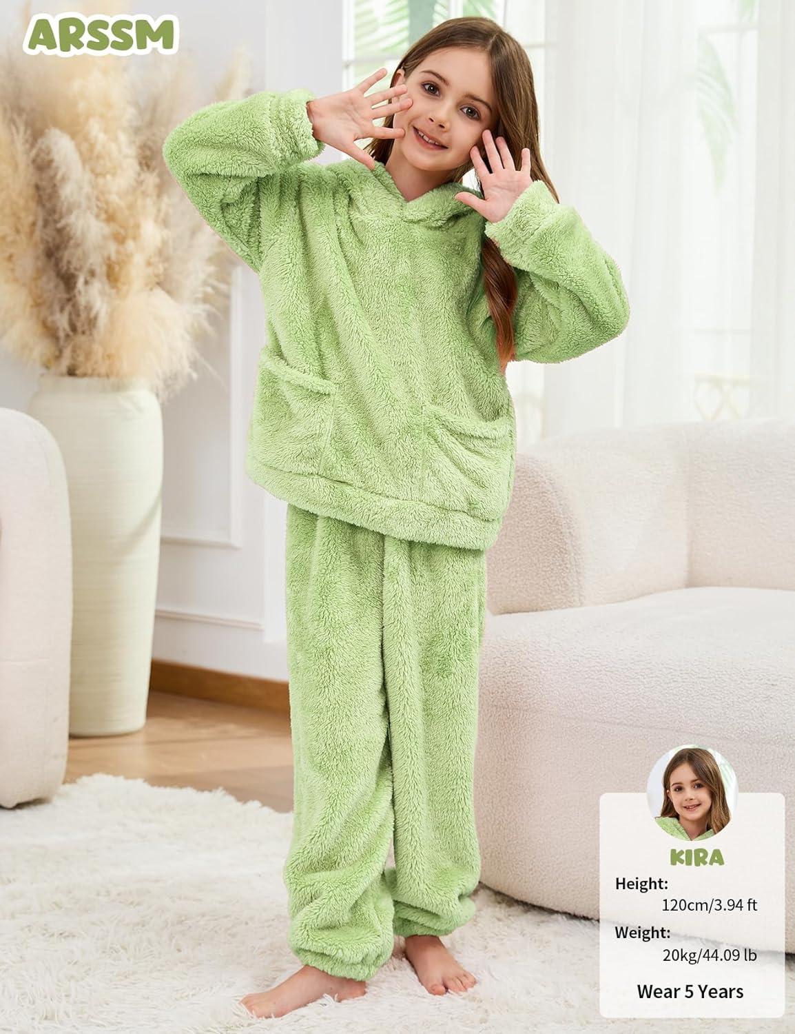 image:imageArssm Girl Pants Sets Two Pieces Outfit Kids Bear Ear Fuzzy Fluffy Hoodie Sweatshirt with Fleece SweatpantsGreen