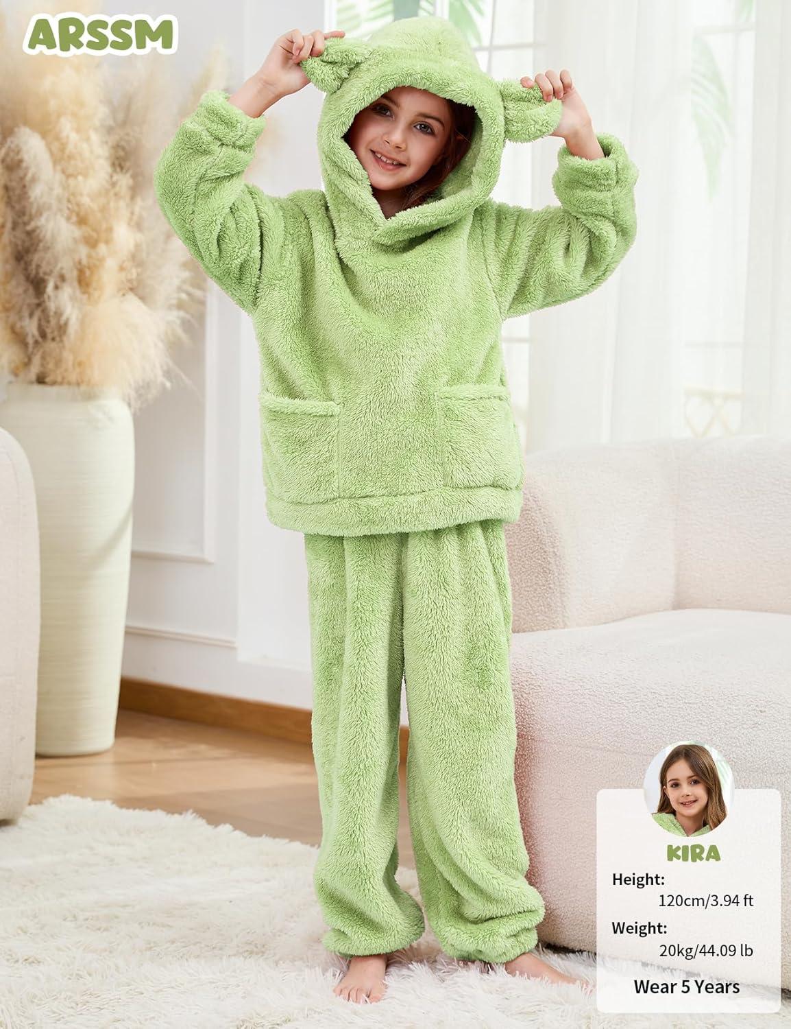 image:imageArssm Girl Pants Sets Two Pieces Outfit Kids Bear Ear Fuzzy Fluffy Hoodie Sweatshirt with Fleece SweatpantsGreen