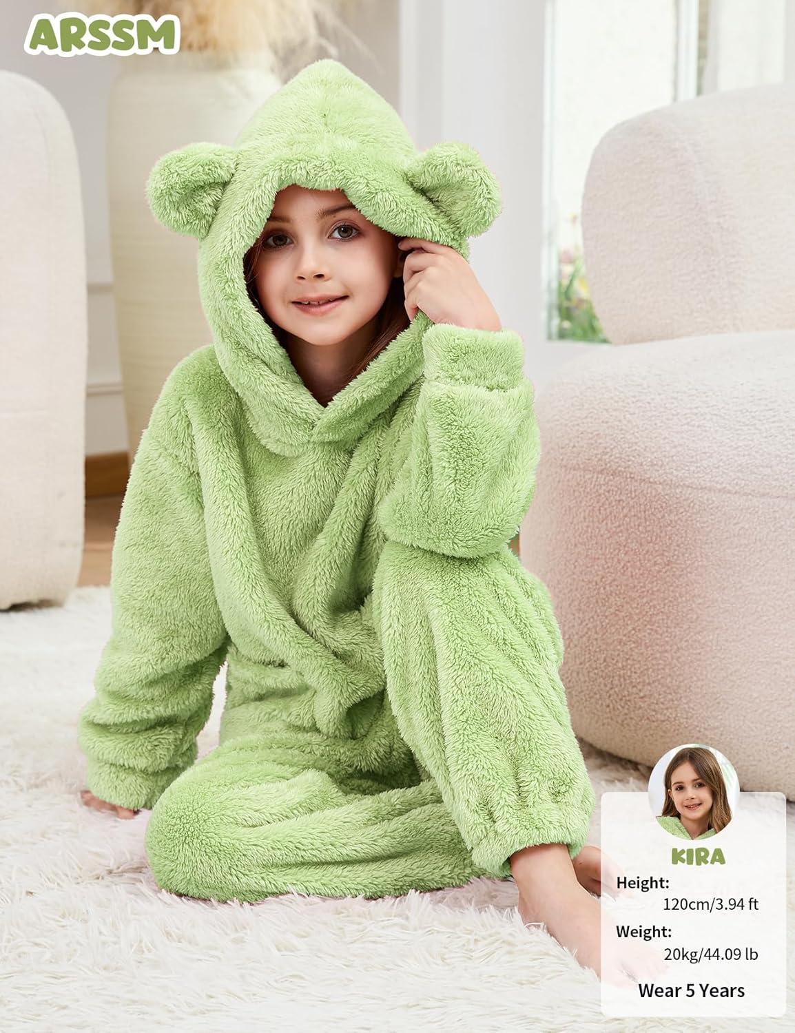 image:imageArssm Girl Pants Sets Two Pieces Outfit Kids Bear Ear Fuzzy Fluffy Hoodie Sweatshirt with Fleece SweatpantsGreen