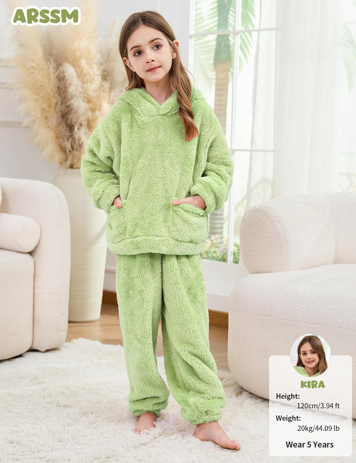 image:imageArssm Girl Pants Sets Two Pieces Outfit Kids Bear Ear Fuzzy Fluffy Hoodie Sweatshirt with Fleece SweatpantsGreen