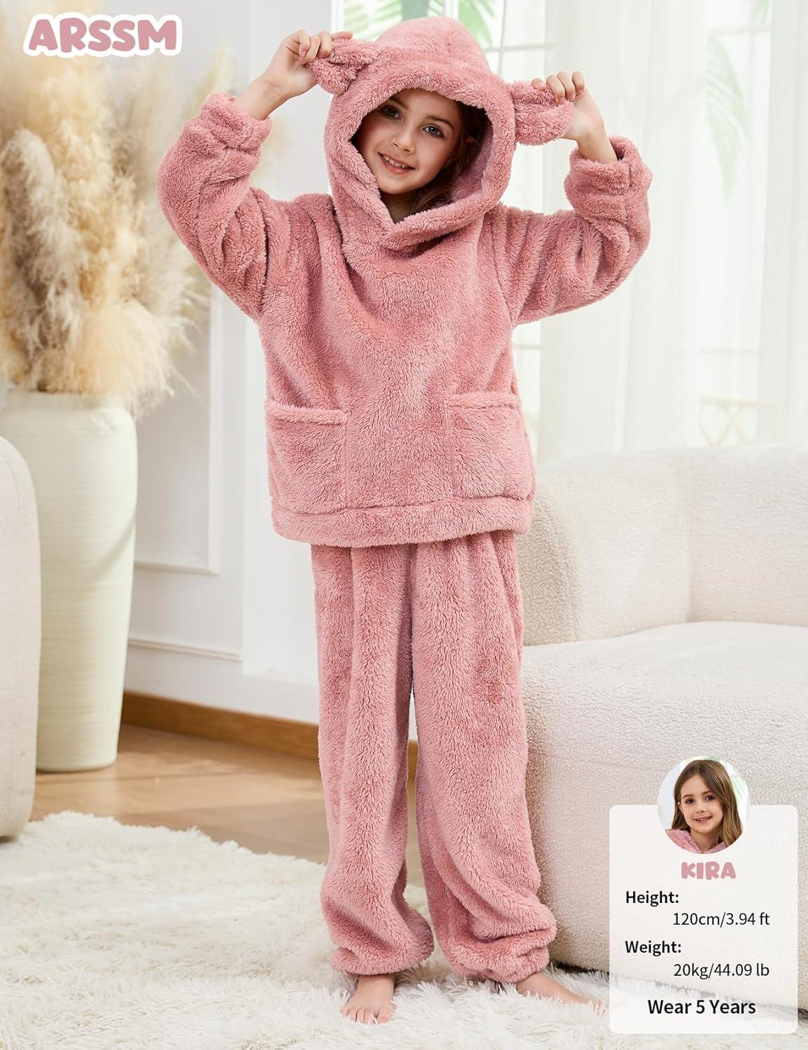 image:imageArssm Girl Pants Sets Two Pieces Outfit Kids Bear Ear Fuzzy Fluffy Hoodie Sweatshirt with Fleece SweatpantsLightpink