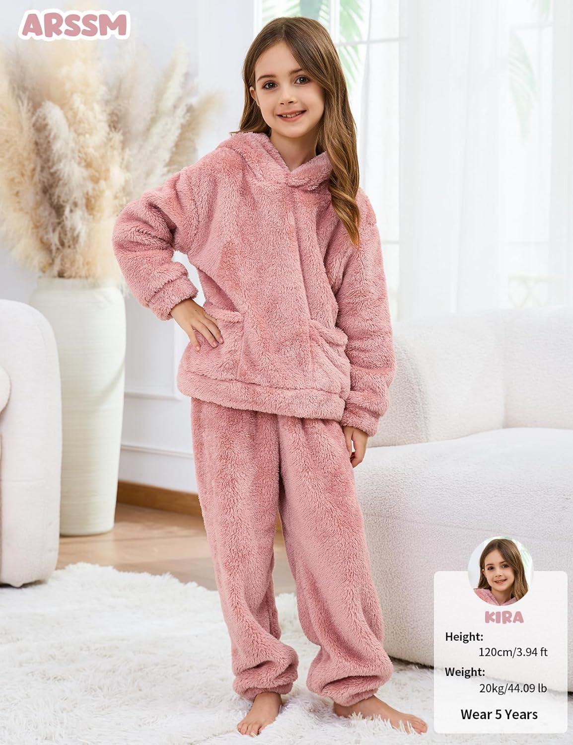 image:imageArssm Girl Pants Sets Two Pieces Outfit Kids Bear Ear Fuzzy Fluffy Hoodie Sweatshirt with Fleece SweatpantsLightpink