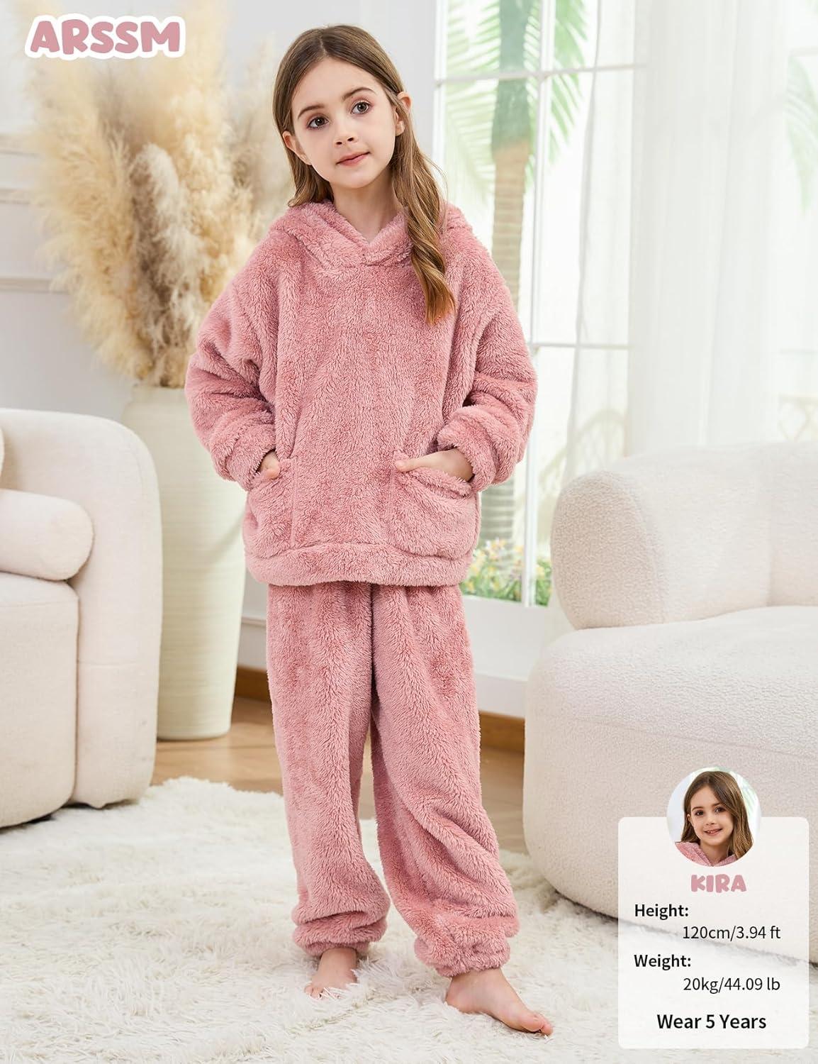 image:imageArssm Girl Pants Sets Two Pieces Outfit Kids Bear Ear Fuzzy Fluffy Hoodie Sweatshirt with Fleece SweatpantsLightpink