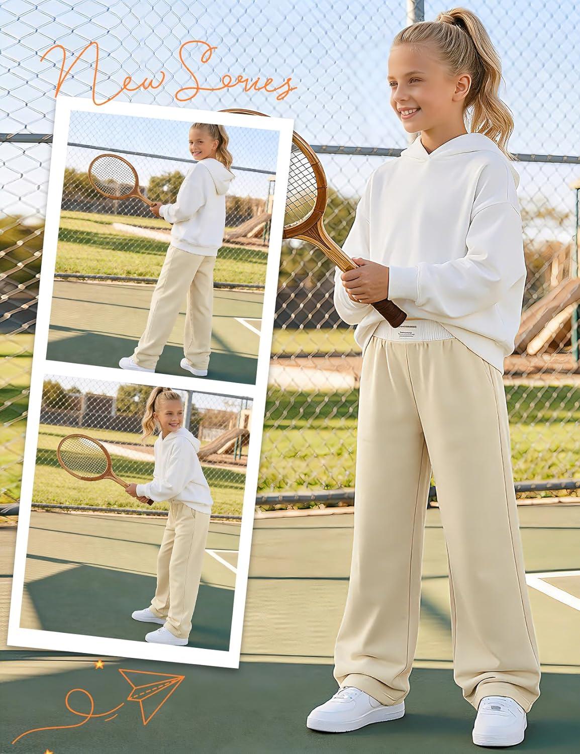 image:imageArssm Girls Wide Leg Sweatpants Baggy Pants Letter Patched Elastic Waist Long Trousers JoggersKhaki