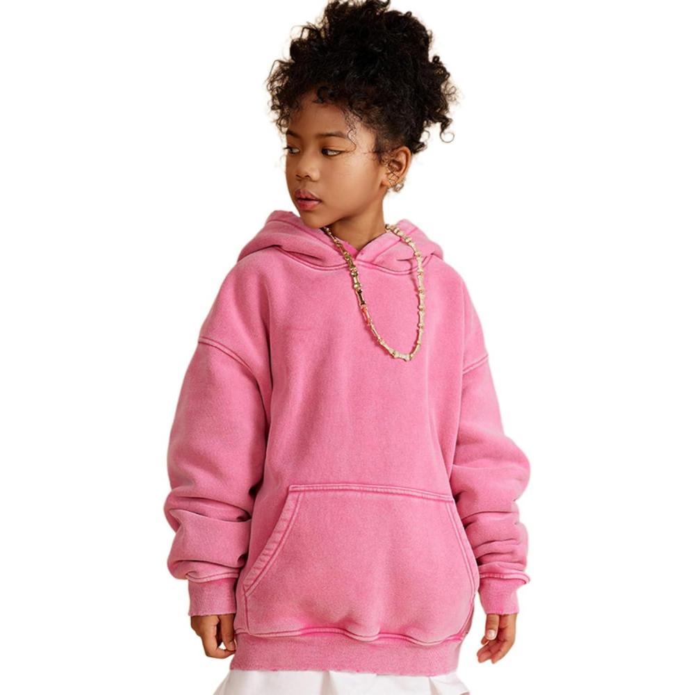 image:imageArssm Boys Girls Fleece Lined Hoodie Kids Warm Winter Cotton Acid Washed Vintage Pullover Hooded SweatshirtPink