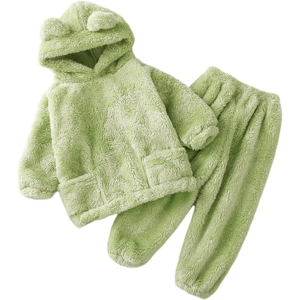 image:imageArssm Girl Pants Sets Two Pieces Outfit Kids Bear Ear Fuzzy Fluffy Hoodie Sweatshirt with Fleece SweatpantsGreen