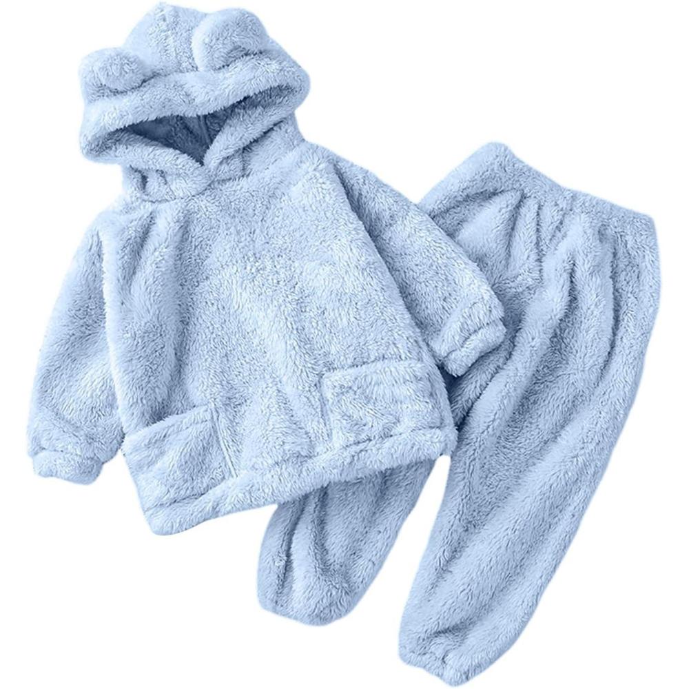 image:imageArssm Girl Pants Sets Two Pieces Outfit Kids Bear Ear Fuzzy Fluffy Hoodie Sweatshirt with Fleece SweatpantsLightblue