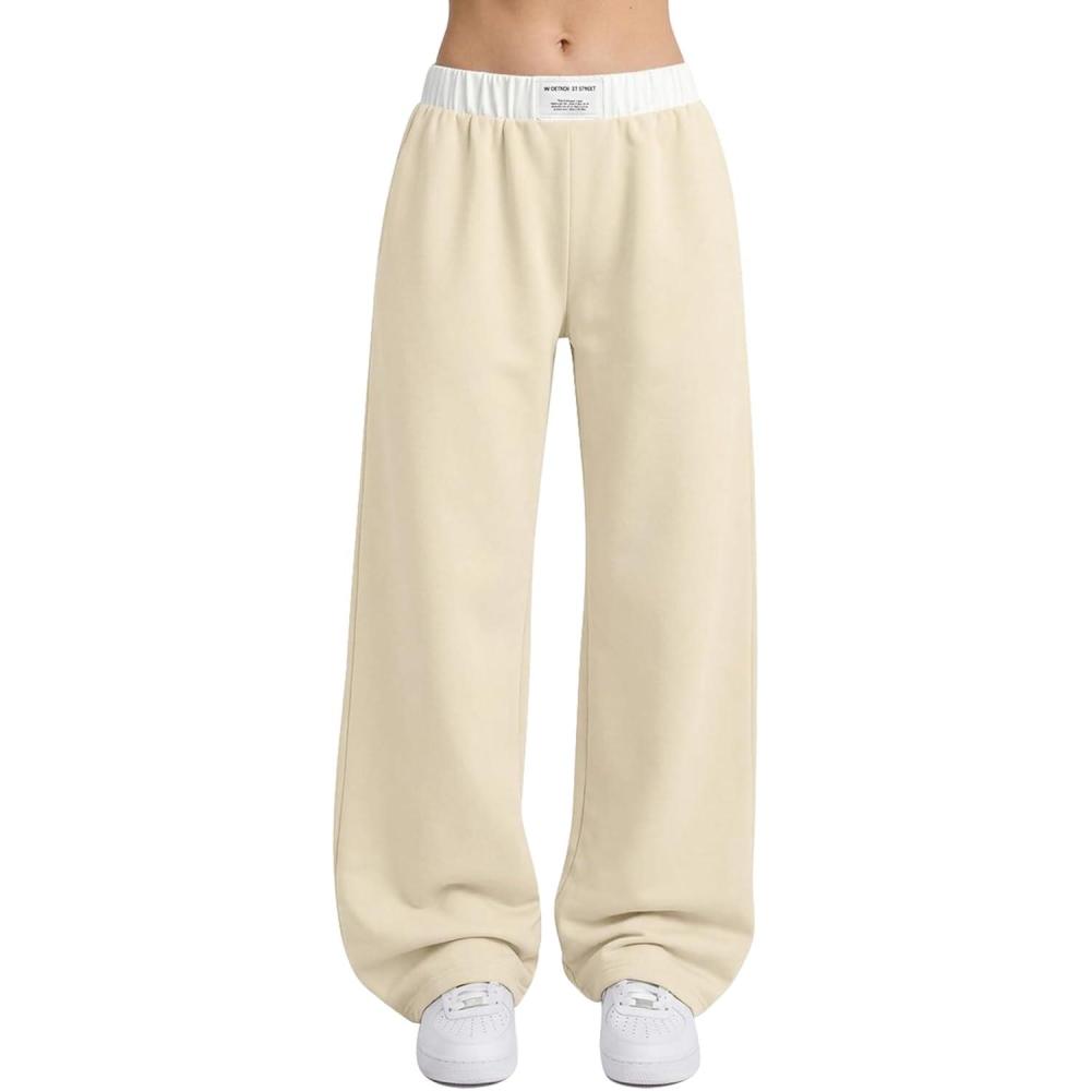 image:imageArssm Girls Wide Leg Sweatpants Baggy Pants Letter Patched Elastic Waist Long Trousers JoggersKhaki