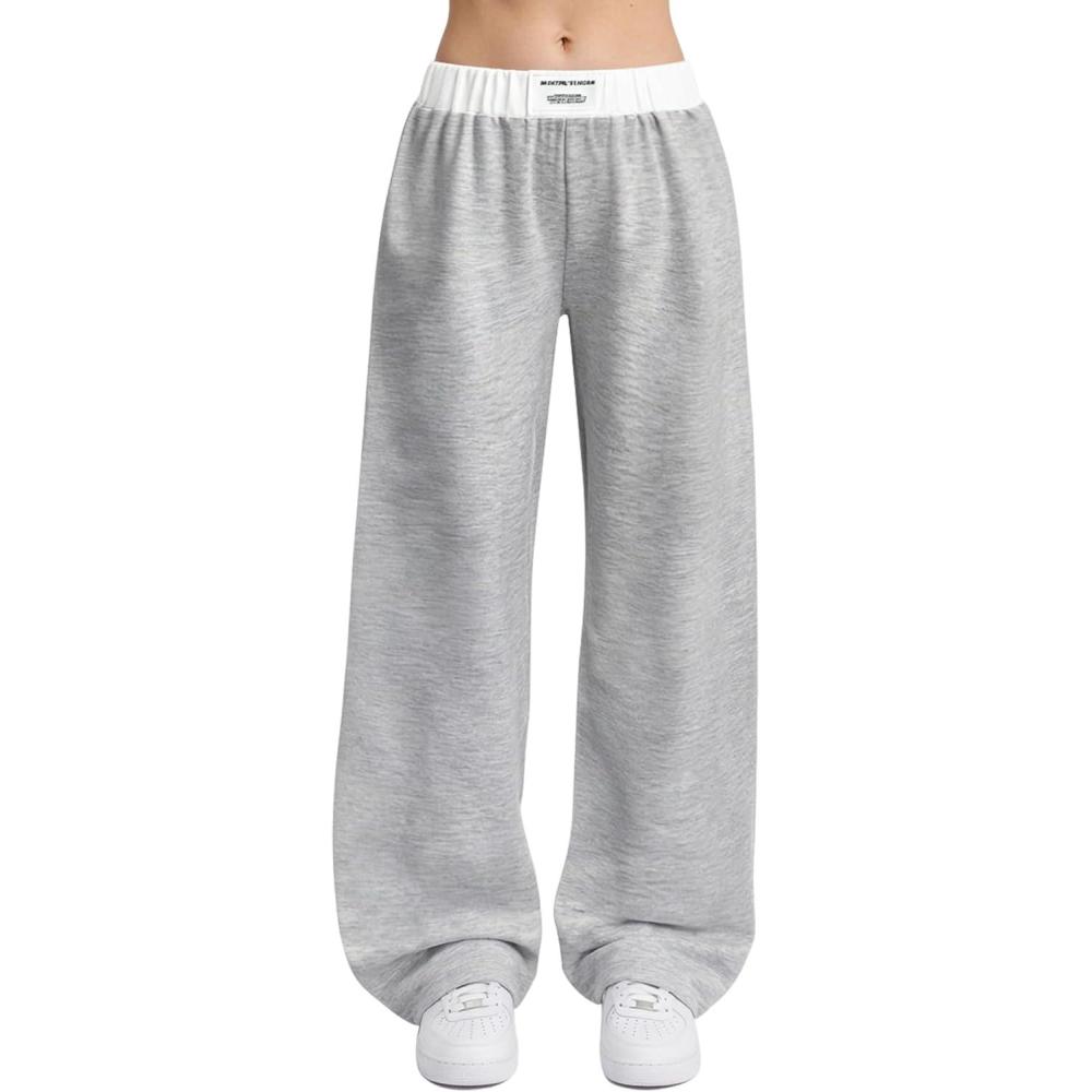 image:imageArssm Girls Wide Leg Sweatpants Baggy Pants Letter Patched Elastic Waist Long Trousers JoggersLightgrey