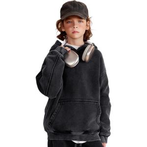 Arssm Boys Girls Fleece Lined Hoodie Kids Warm Winter Cotton Acid Washed Vintage Pullover Hooded Sweatshirt(Black)