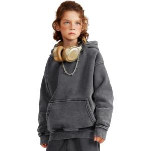Arssm Boys Girls Fleece Lined Hoodie Kids Warm Winter Cotton Acid Washed Vintage Pullover Hooded Sweatshirt(Darkgrey)